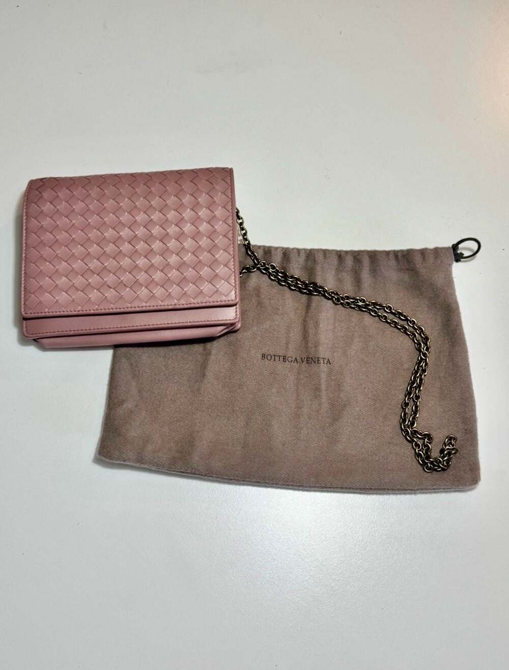 Bottega Veneta Intrecciato Chain Wallet Crossbody Dusty Rose Pink + COA